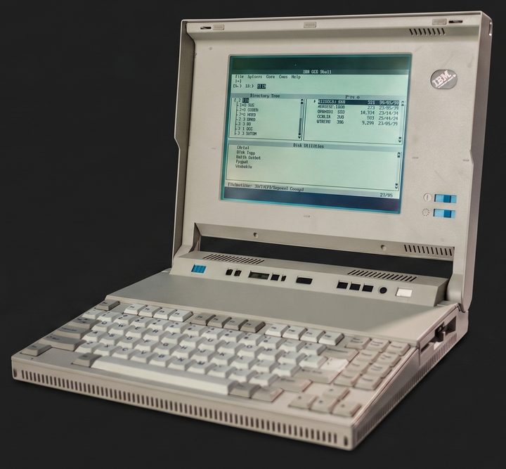 IBM PS/2 L40 SX laptop open in its light grey case, with the IBM DOS Shell on its monochrome screen